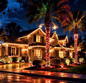 Antelope Valley street at night with palm trees wrapped in red and white lights
